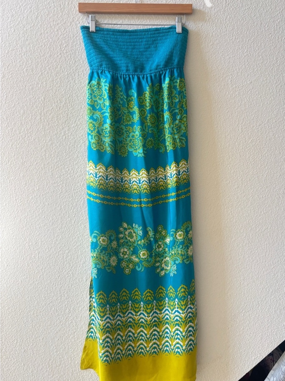 Anthropologie Turquoise & Lime Patterned Strapless Maxi Dress - Size S